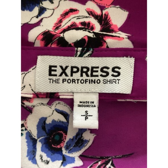 Express The Portofino Shirt Womens Sz Small Purple Floral Roll Tab Sleeve Mod - Picture 7 of 11